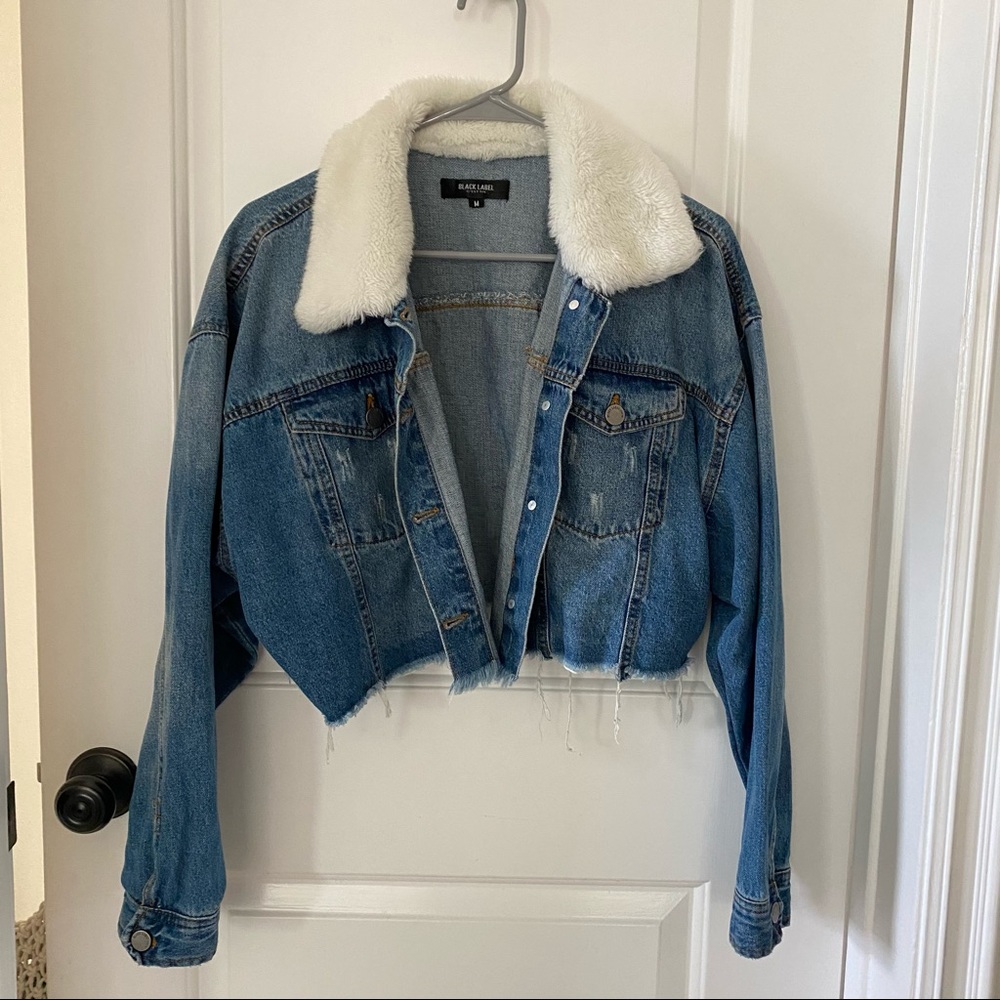 Black Label Blue Denim Jean Jacket with White Sherpa Collar